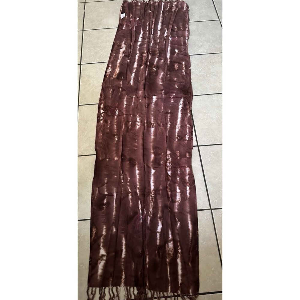 Ana Mori Vintage Rayon Scarf Shawl Tie Dye Gold Symbol Print 72x19 Fringe